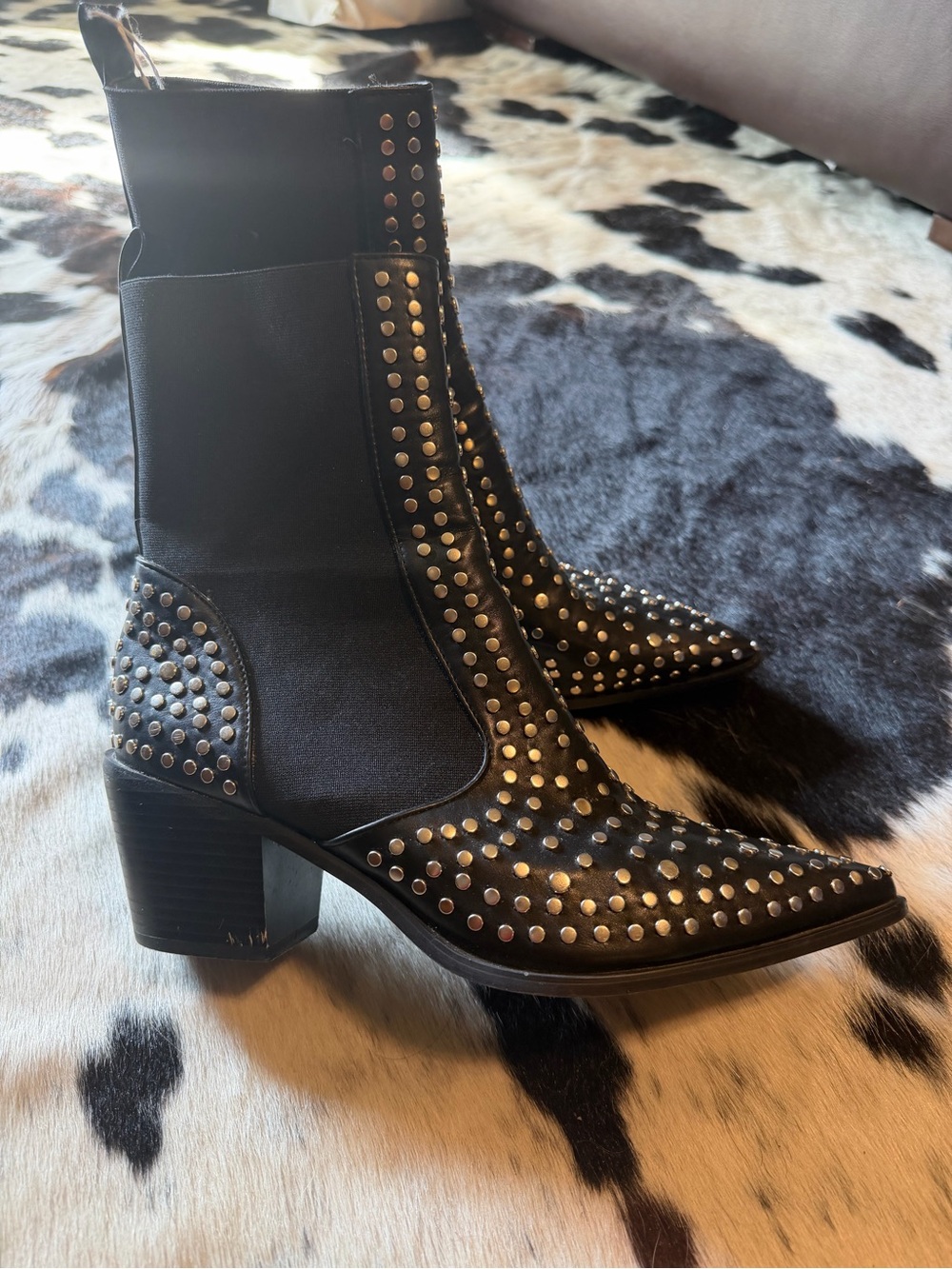 Studded Black Faux Leather Ankle Boots - Women